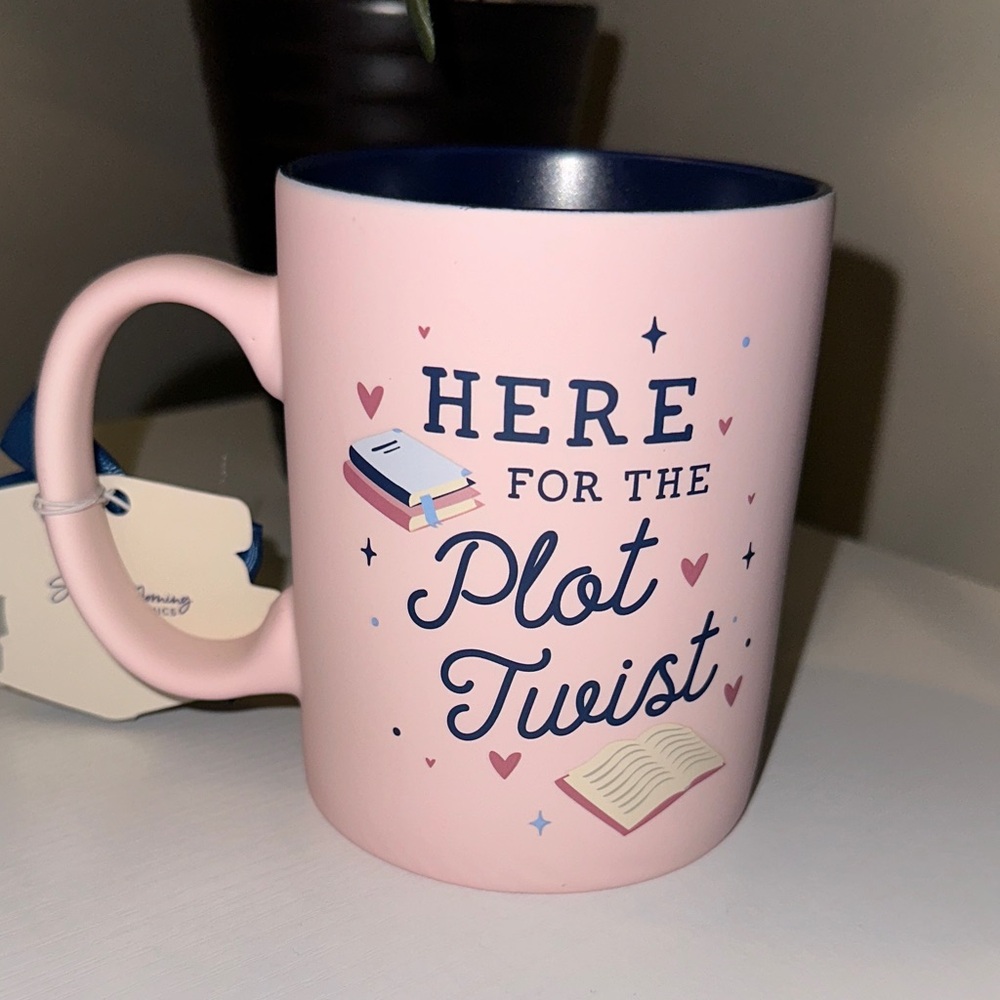 Pink 'Here for the Plot Twist' coffee mug blue inside book lover NWT
